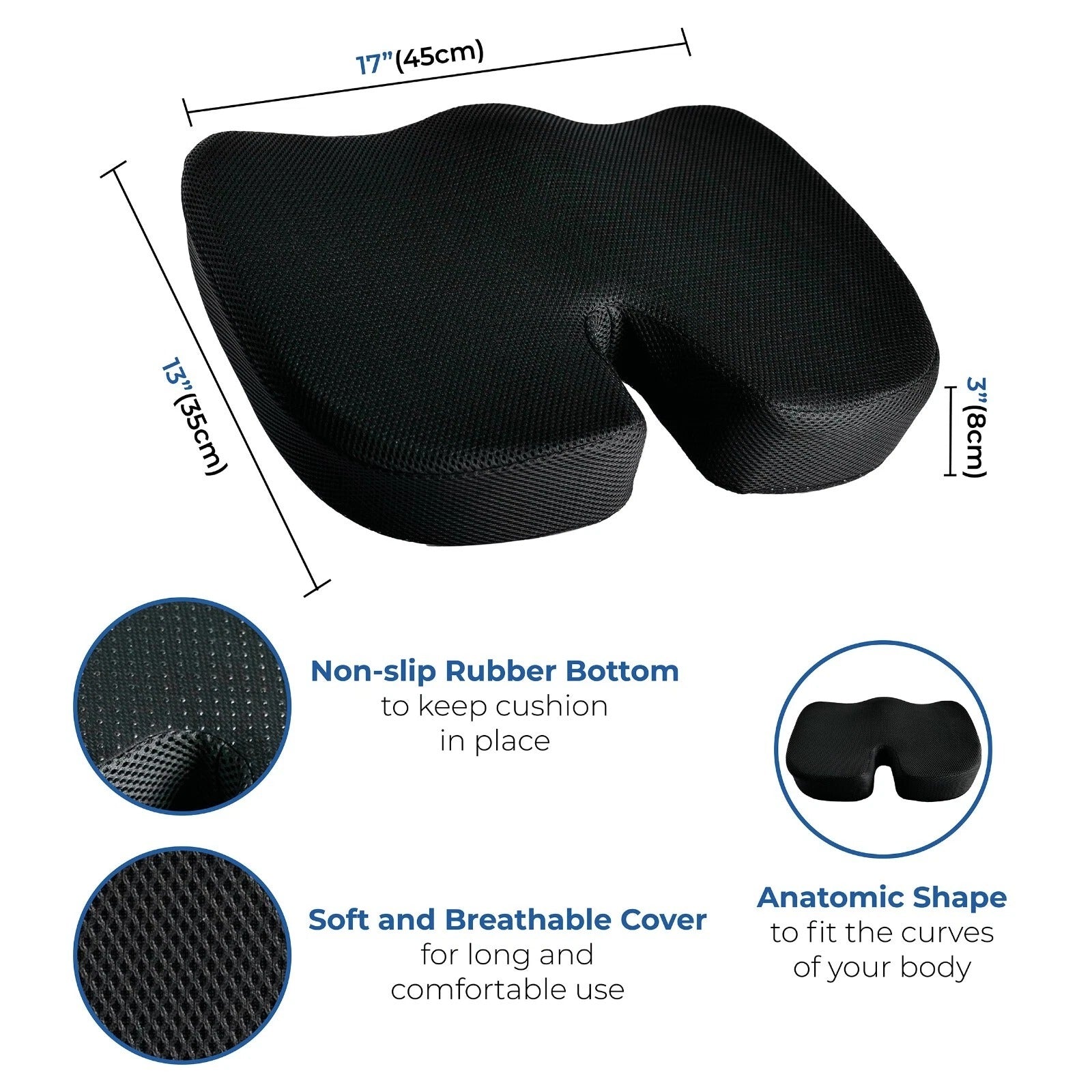 Black cushion with measurements and features on a white background