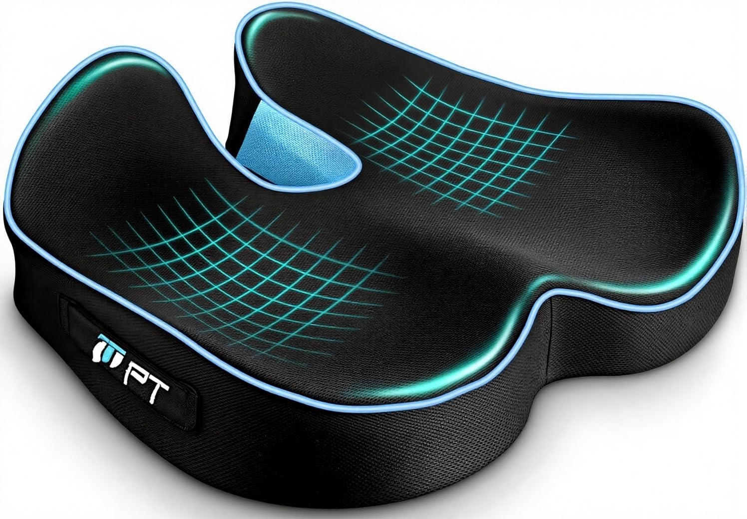 Black ergonomic seat cushion with blue grid pattern on a white background
