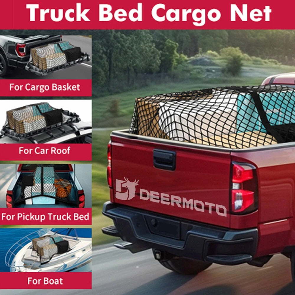 Deermoto truck bed cargo net with various application examples on a red background.