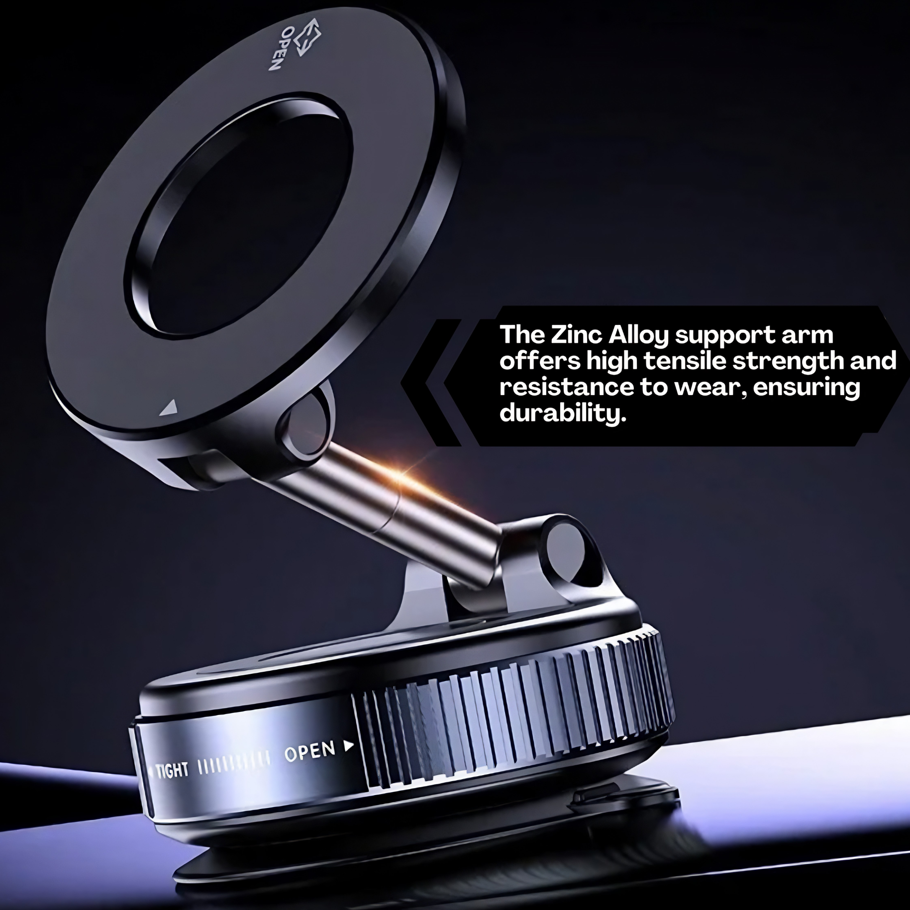Zinc alloy support arm with text on durability against a dark background