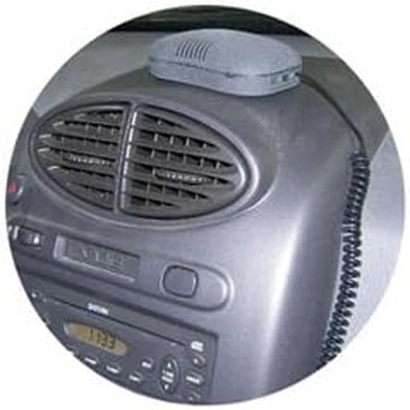 Round electronic device with a fan and control panel on a gray background