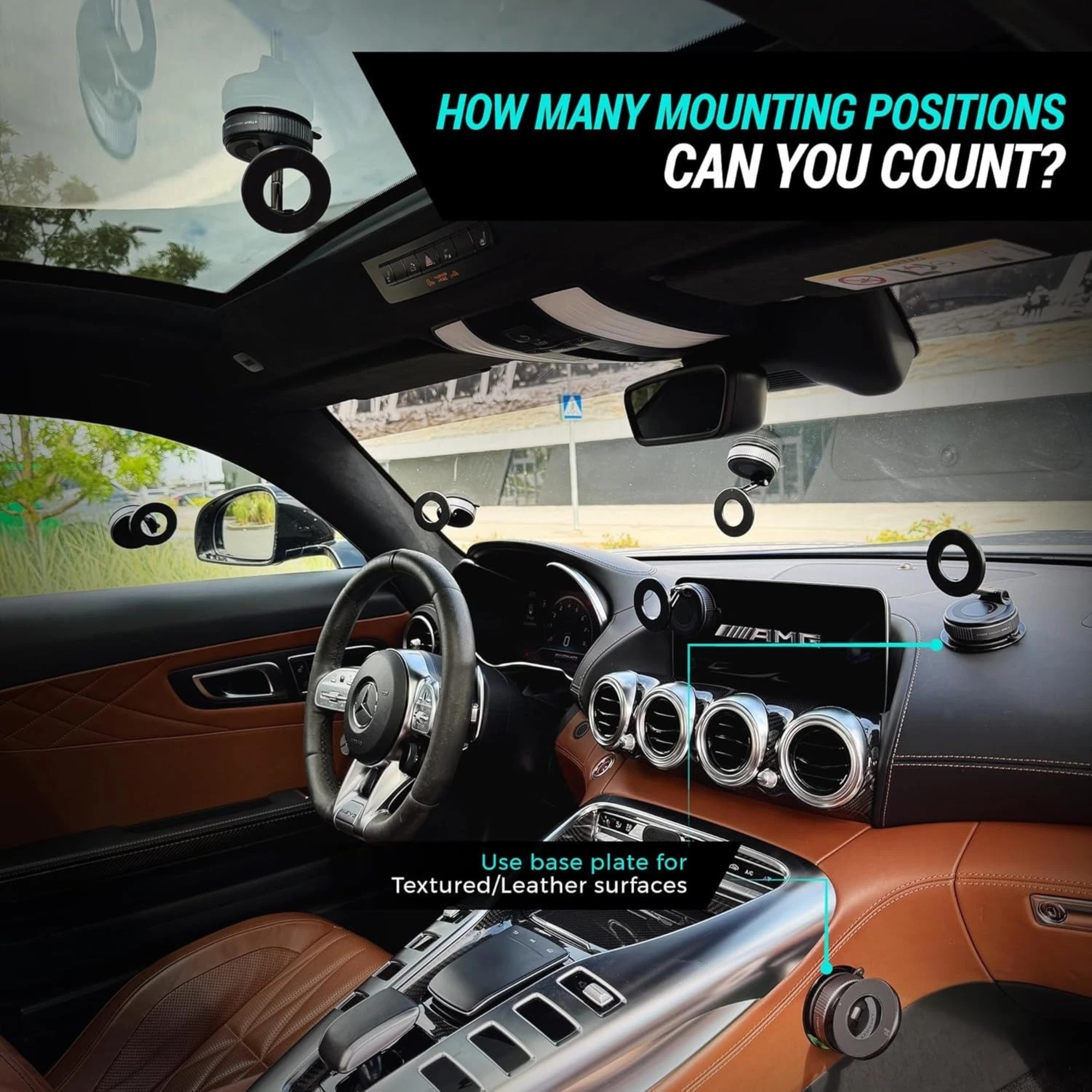Car interior with multiple mounting positions for a device, question text overlay.