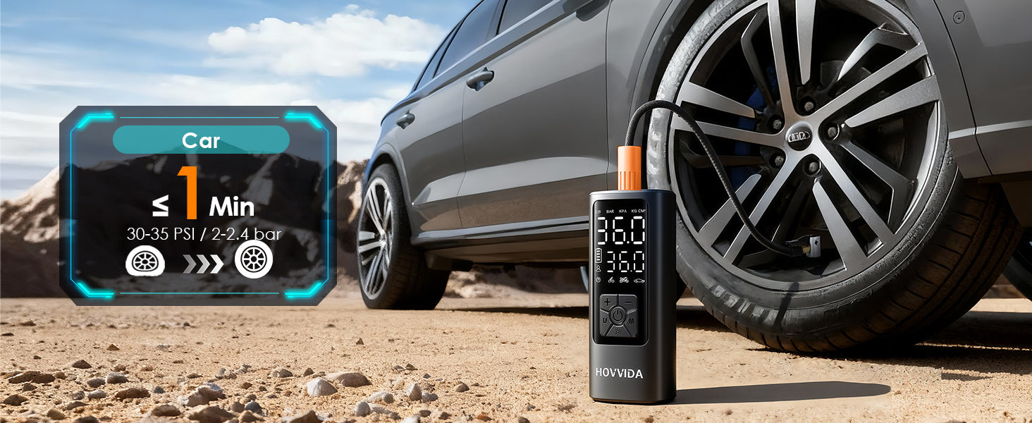 Car tire pressure monitor device next to a car on a dirt road