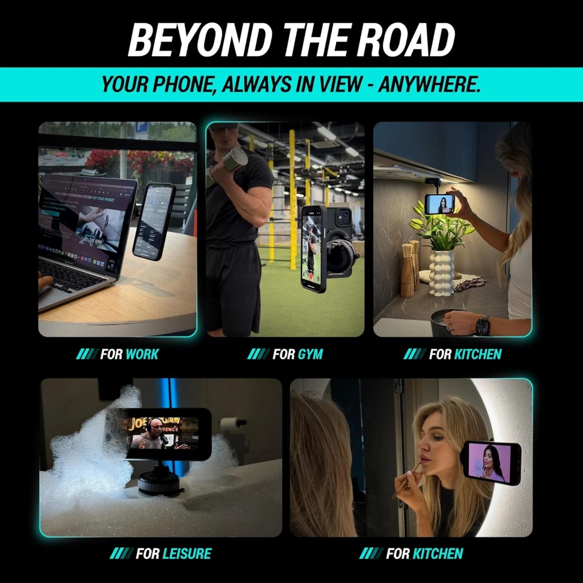 Promotional graphic for a phone mount with various use cases including work, gym, kitchen, and leisure.