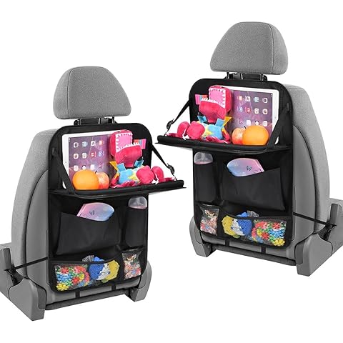 Black back seat car organiser with tablet holder and storage pockets attached behind a car seat