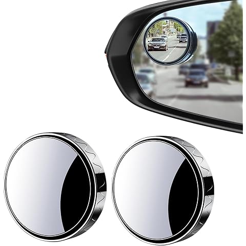 Two round car mirrors with a third mounted on a vehicle's side mirror, showing a street view.