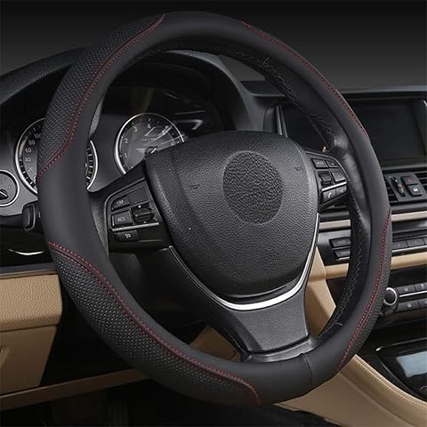 Red and Black carbon fibre style steering wheel cover installed inside a modern car interior