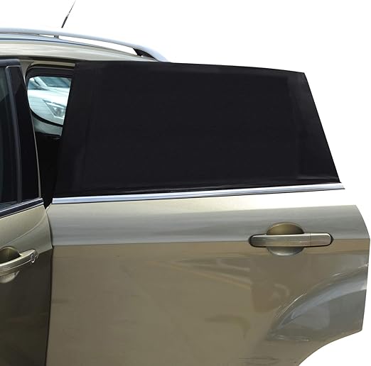 Breathable mesh rear car window sun shades installed on a family vehicle for UV and heat protection