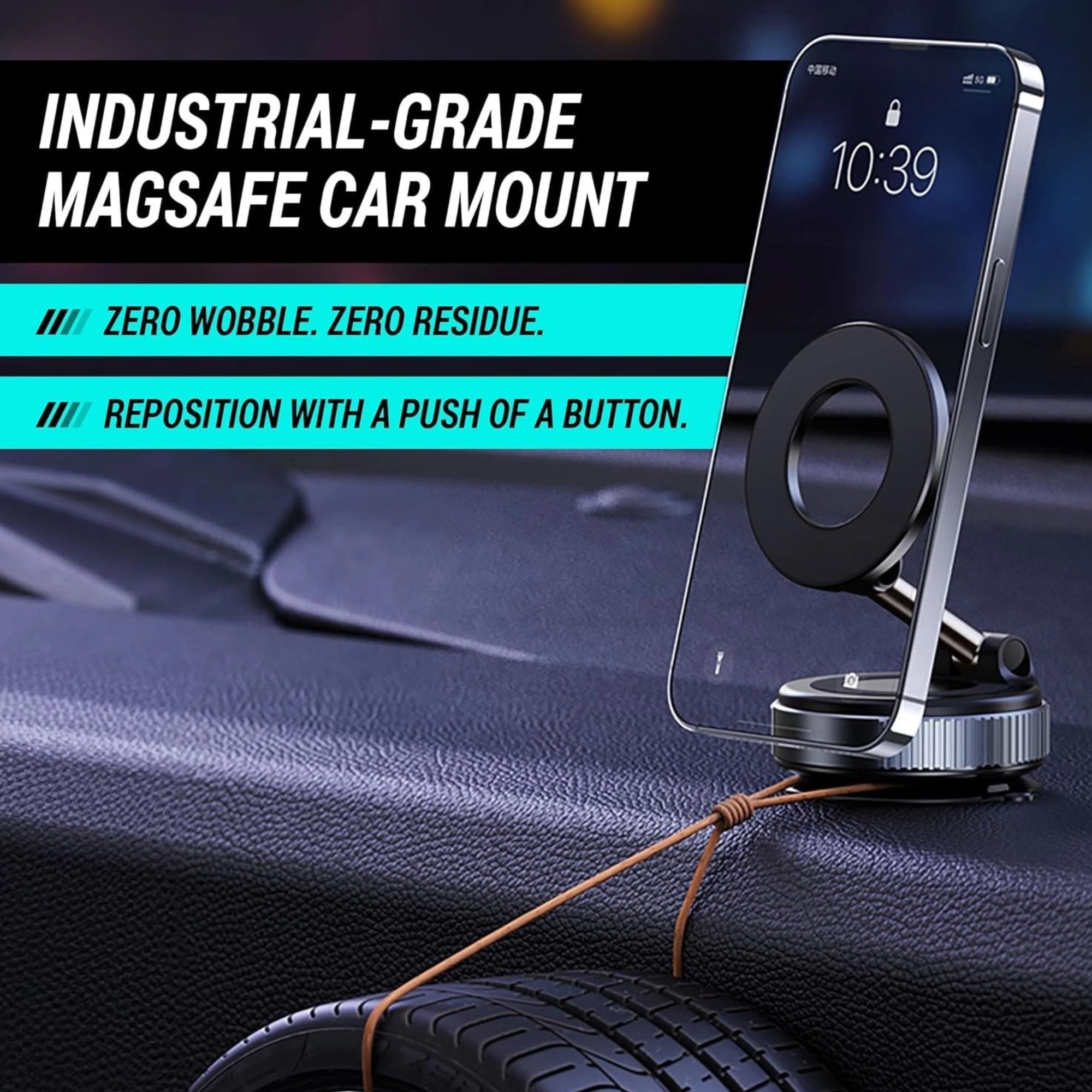 Industrial-grade Magsafe car mount with smartphone on a car dashboard