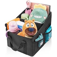 Black car organizer with plush toys inside