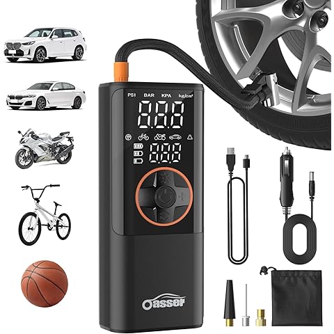 Portable cordless tyre inflator air compressor with digital display inflating a car tyre at roadside