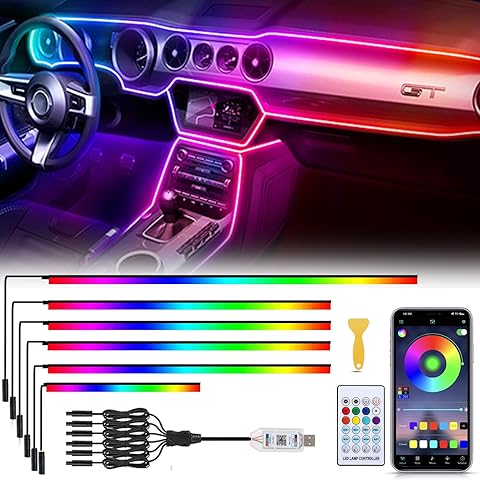 RGB LED interior strips lights glowing inside a modern car cabin with ambient dashboard lighting