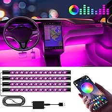 Car interior with LED strip lights and smartphone control, featuring a colorful display.