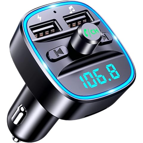 Bluetooth 5.3 FM transimtter car adapter with USB_C fast charging and LED display inside a vehicle