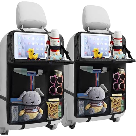 Two car seat organizers with toys, snacks, and glasses on a white background