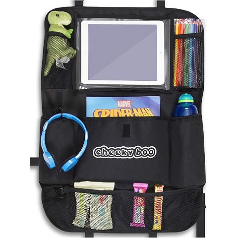 Black car seat organizer with various items including a tablet, snacks, and a toy, branded 'Cheeky Boo'.