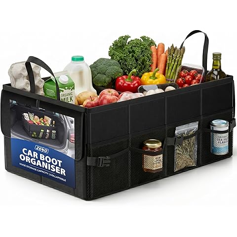 Large black foldable car boot orgaiser with multiple compartment inside an SUVs trunk