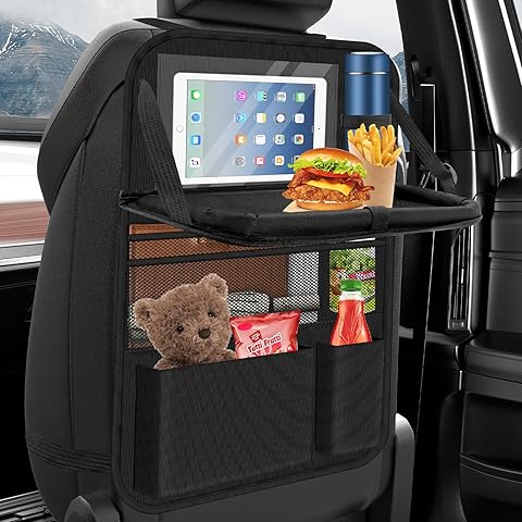 Car seat organizer with tablet, food, and a teddy bear inside a vehicle.