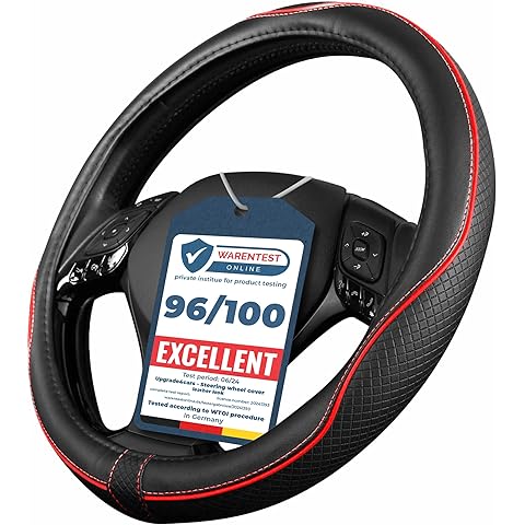 Steering wheel cover with Warentest online rating on a white background