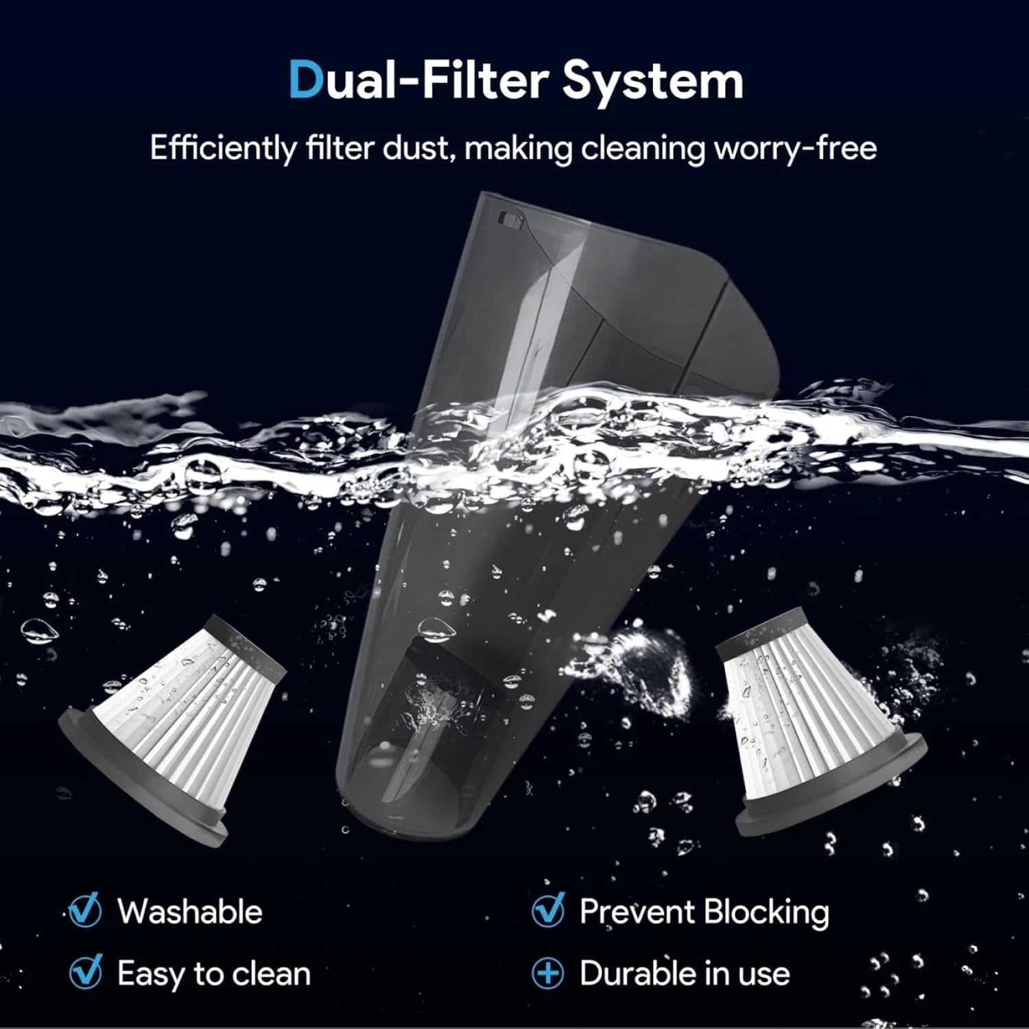 Dual-filter system with water effect on a dark background