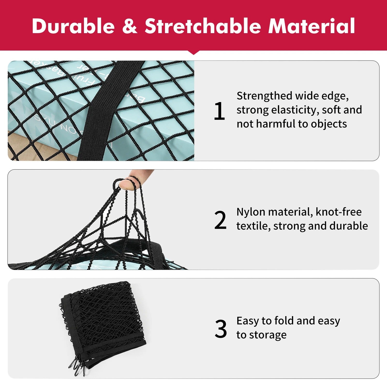 Product image with text highlighting durable and stretchable material features.