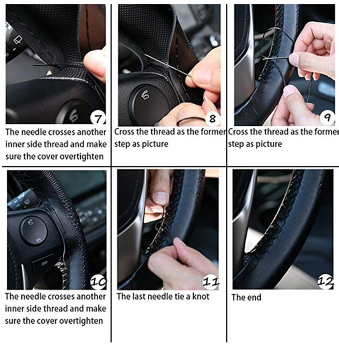 Step-by-step guide on sewing a car steering wheel cover with close-up shots of hands and tools.