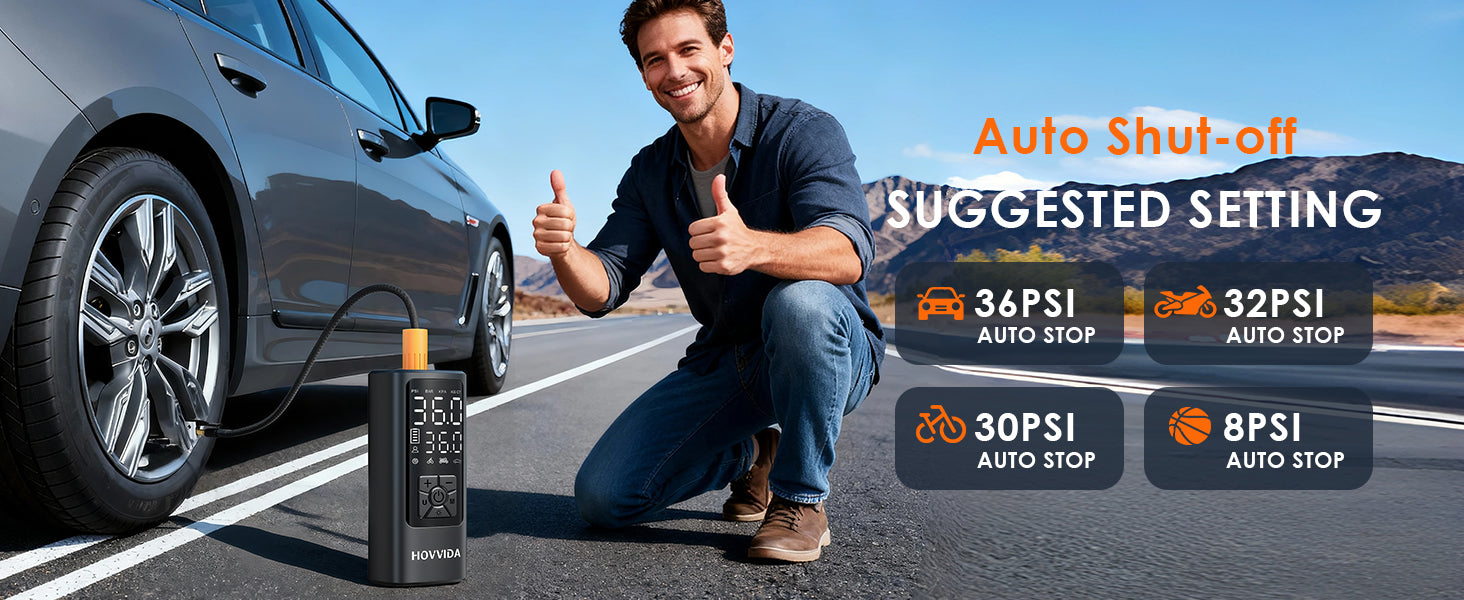 Man giving a thumbs up next to a car and oil bottle on a road with auto shut-off settings displayed.