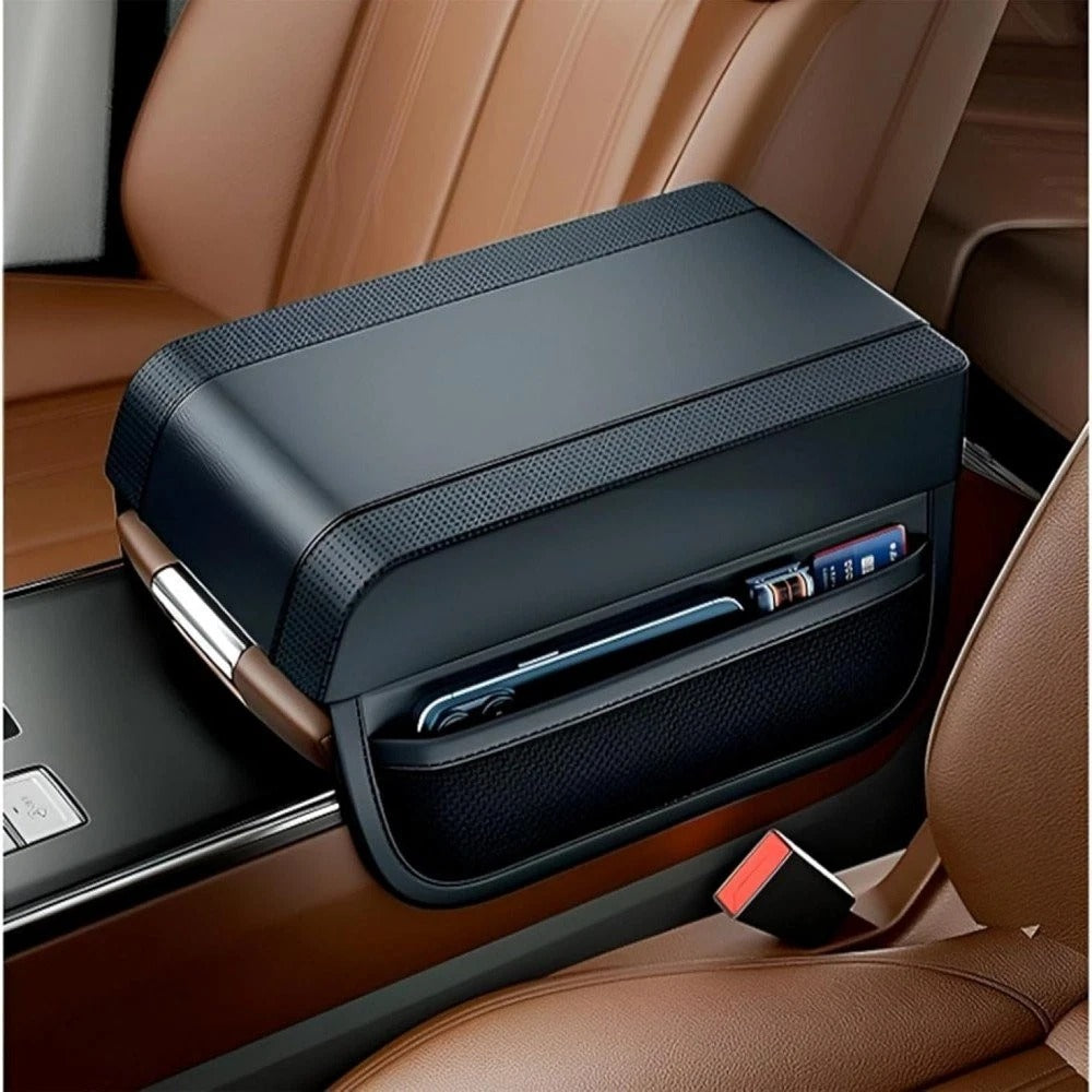 Car armrest organizer with smartphone holder inside a vehicle