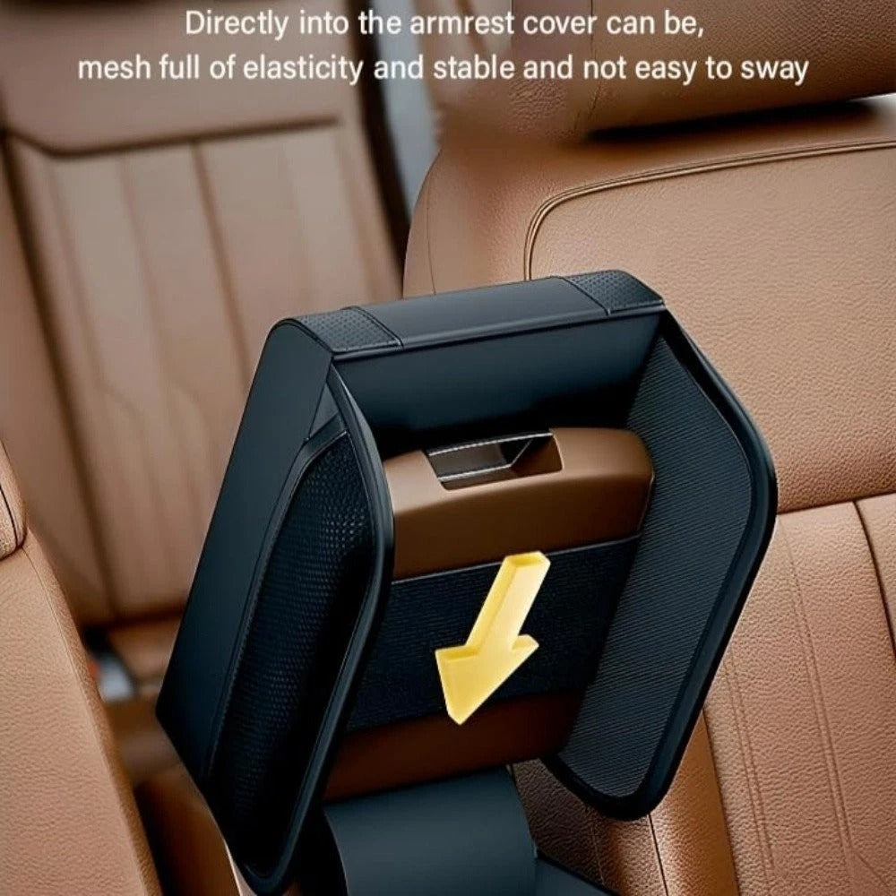 Car armrest cover with mesh and elasticity feature in a brown car interior.