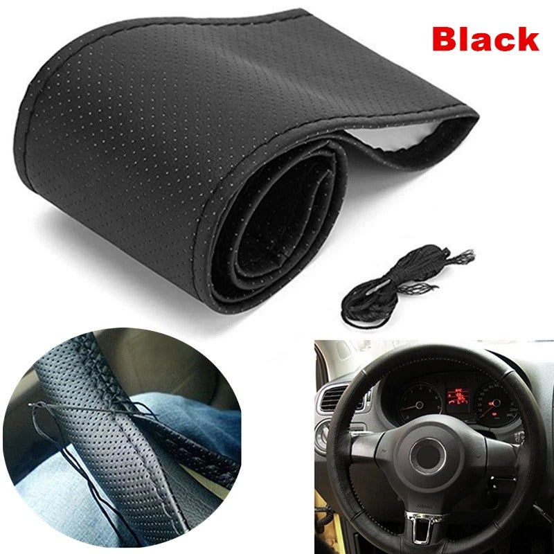 Black steering wheel cover with cable, shown on a car interior and steering wheel.