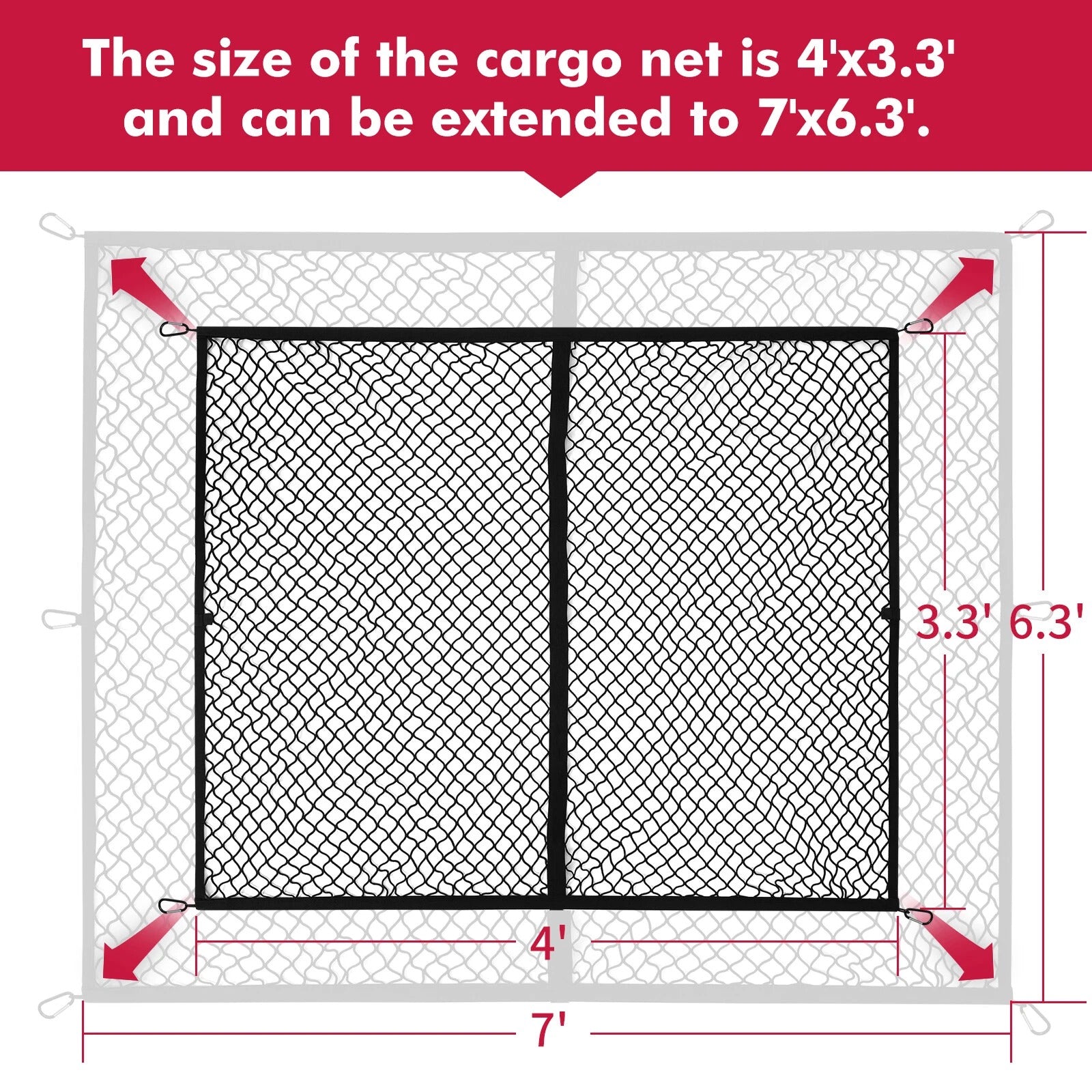 Diagram of a cargo net with dimensions on a red background
