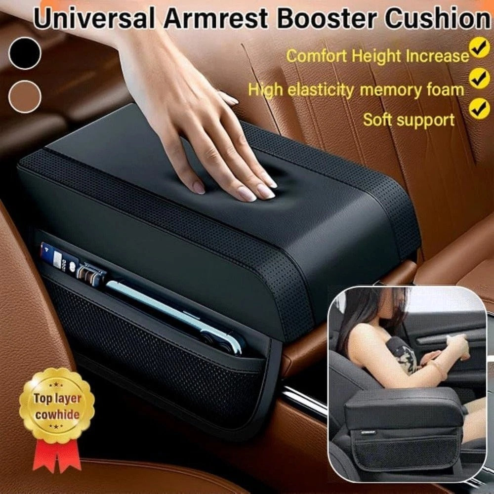 Car armrest booster cushion with hand on top, showing features like comfort height increase and high elasticity memory foam.