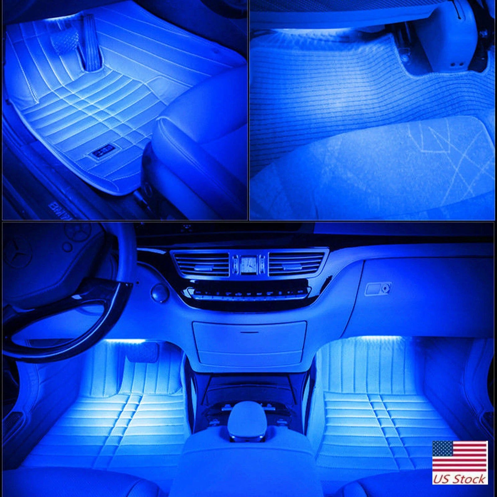 Collage of a car interior with blue LED lights illuminating the floor, pedals, and dashboard.