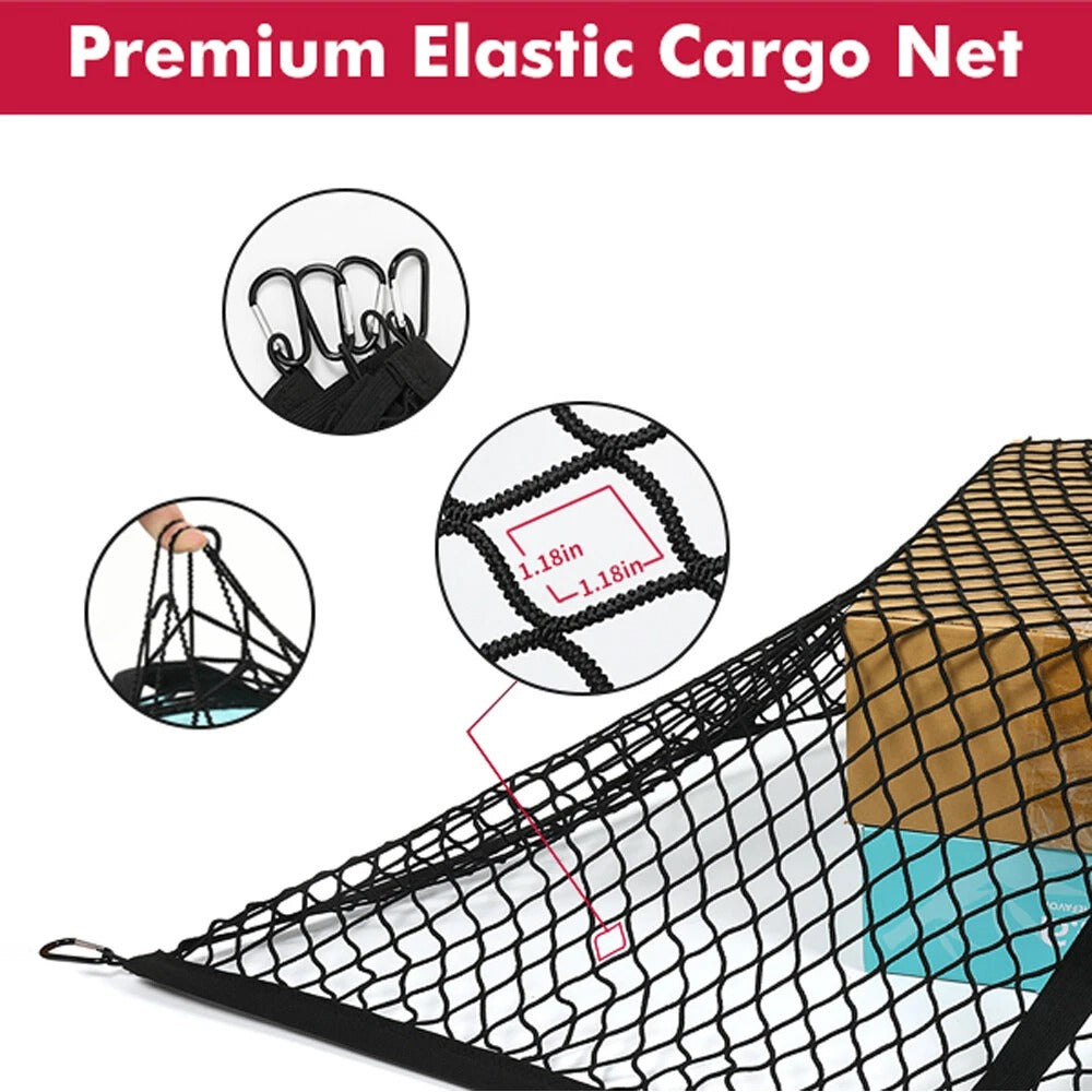 Premium Elastic Cargo Net with details on mesh size and design