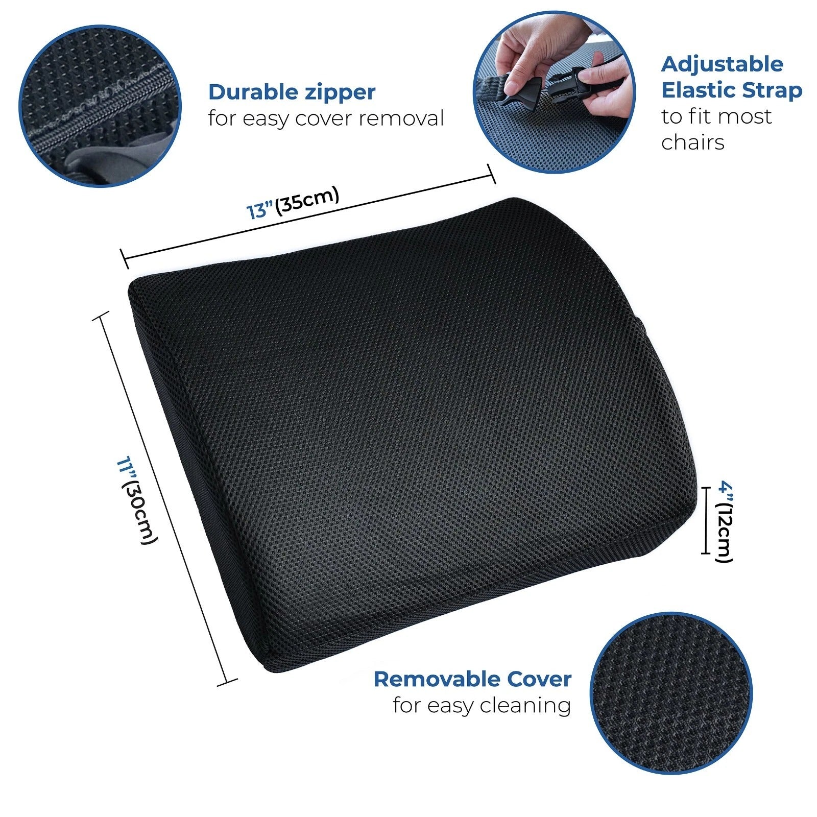 Black seat cushion with features highlighted on a white background