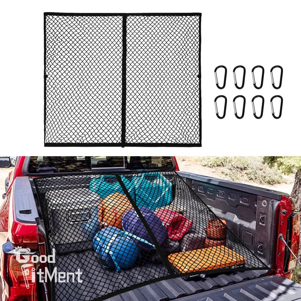 Trunk organizer with mesh design and carabiners on a white background