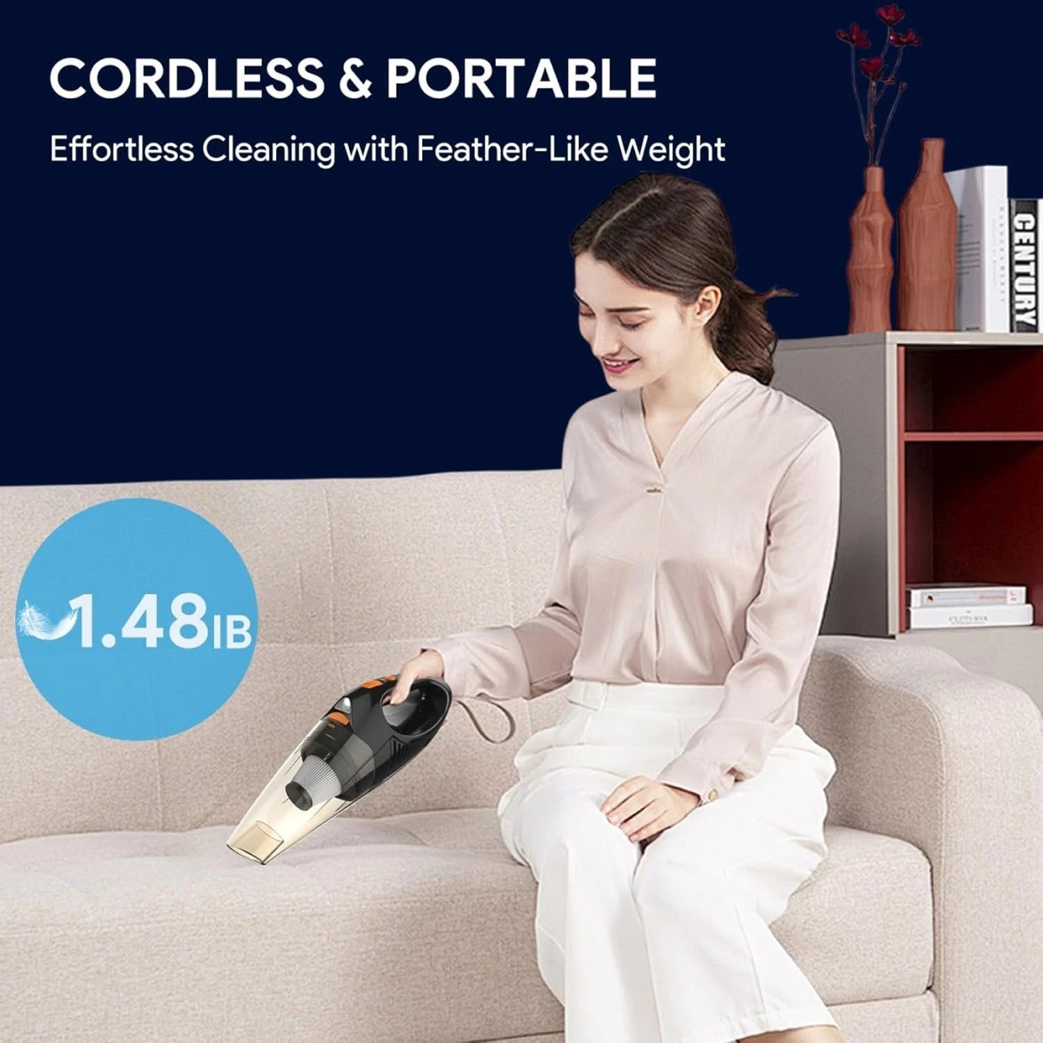 Woman using a cordless vacuum cleaner on a couch with text highlighting its feather-like weight and ease of use.