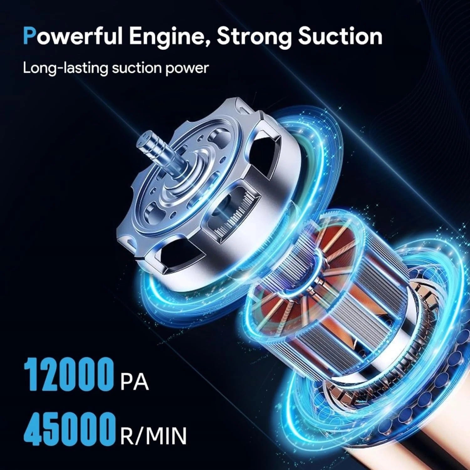 Engine and suction components with text highlighting powerful engine and strong suction, on a dark background.