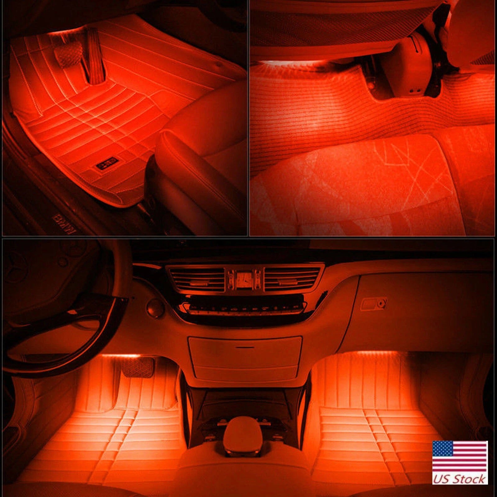 Collage of a car interior with red LED lights illuminating the floor and dashboard.
