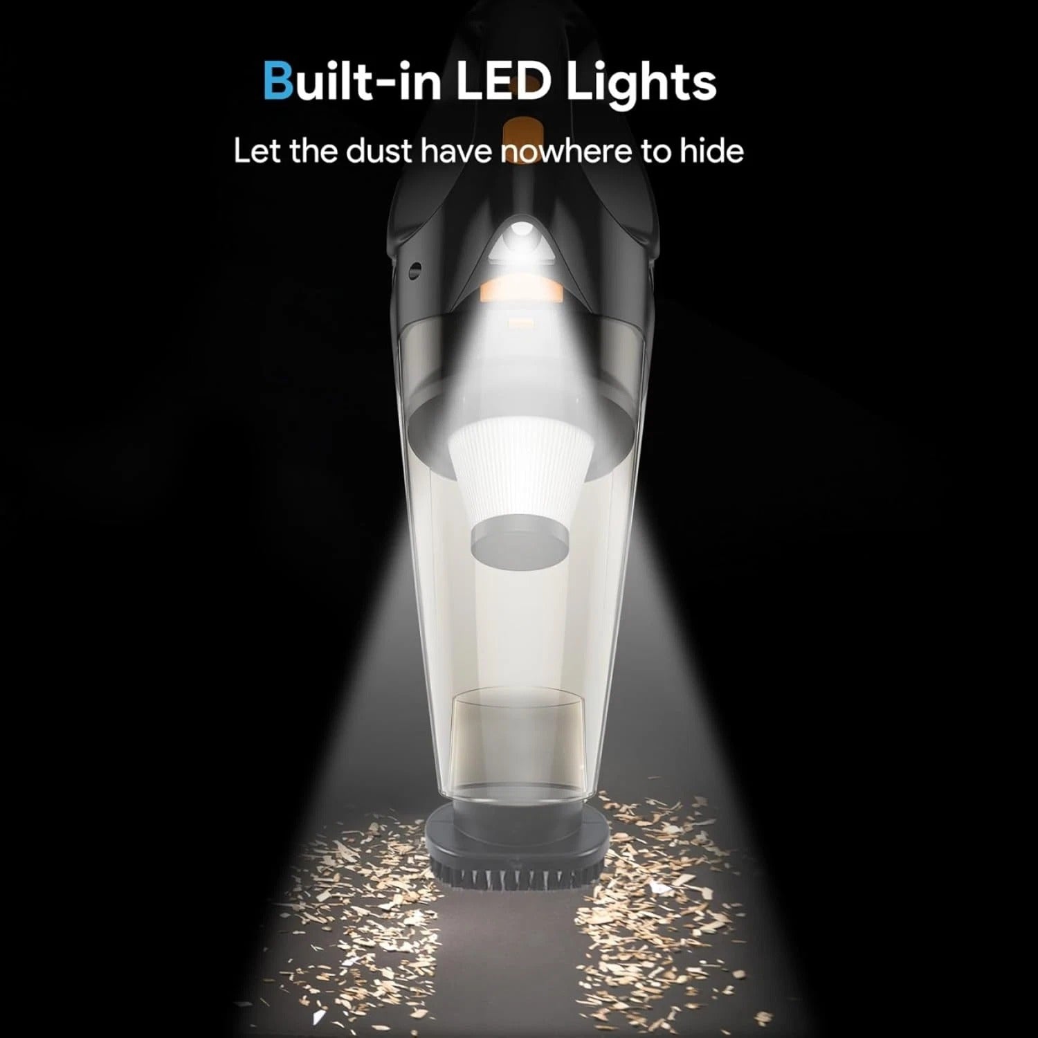 Handheld vacuum cleaner with built-in LED lights on a black background