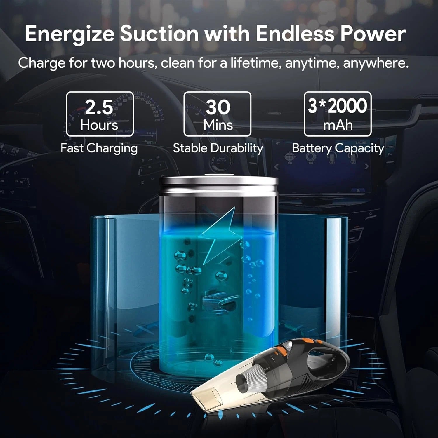 Product with charging cable and text about energy and power, set against a dark background.