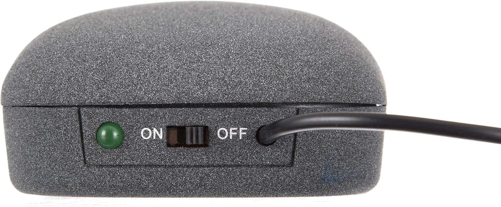 Gray power switch with green indicator light on a white background