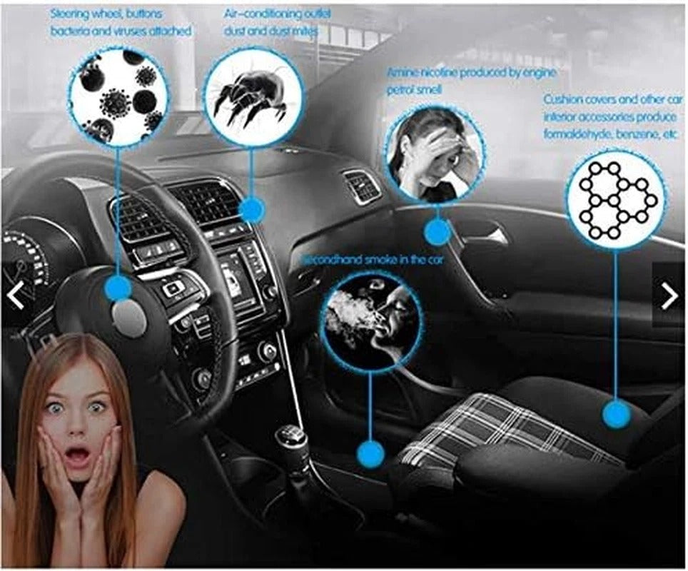 Car interior with health hazards highlighted and a woman reacting to the issues.