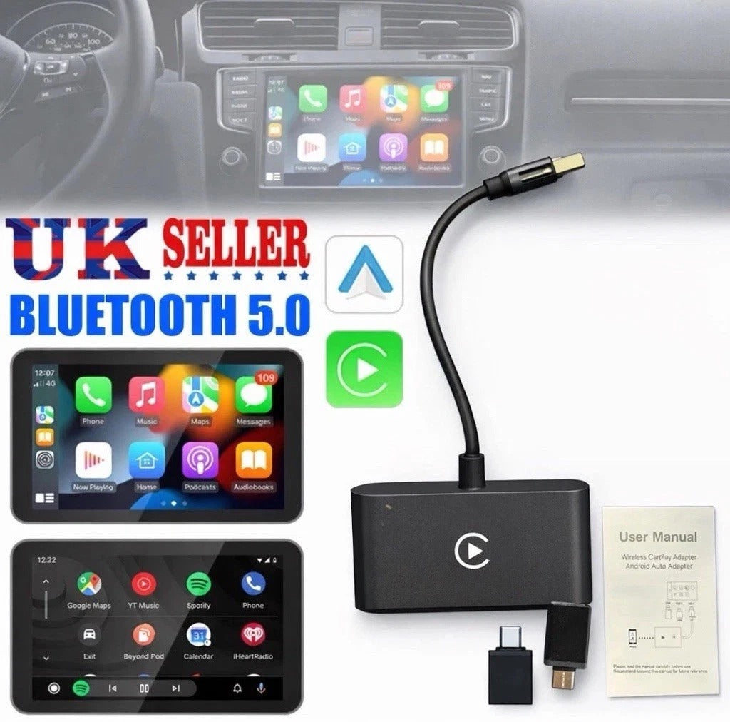 Car multimedia adapter with Bluetooth 5.0 connection on a car dashboard background.