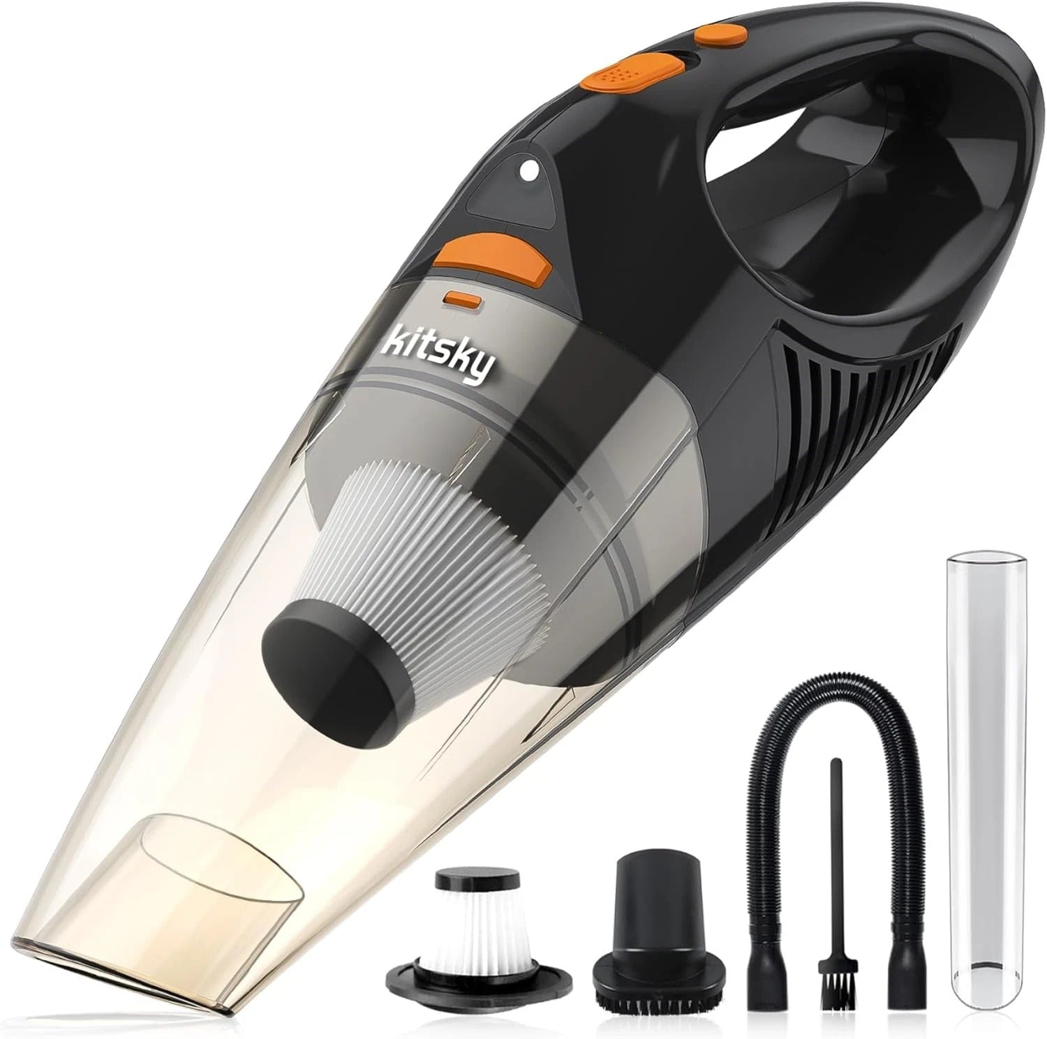 Handheld vacuum cleaner with attachments on a white background, featuring the brand 'Hitsky'.