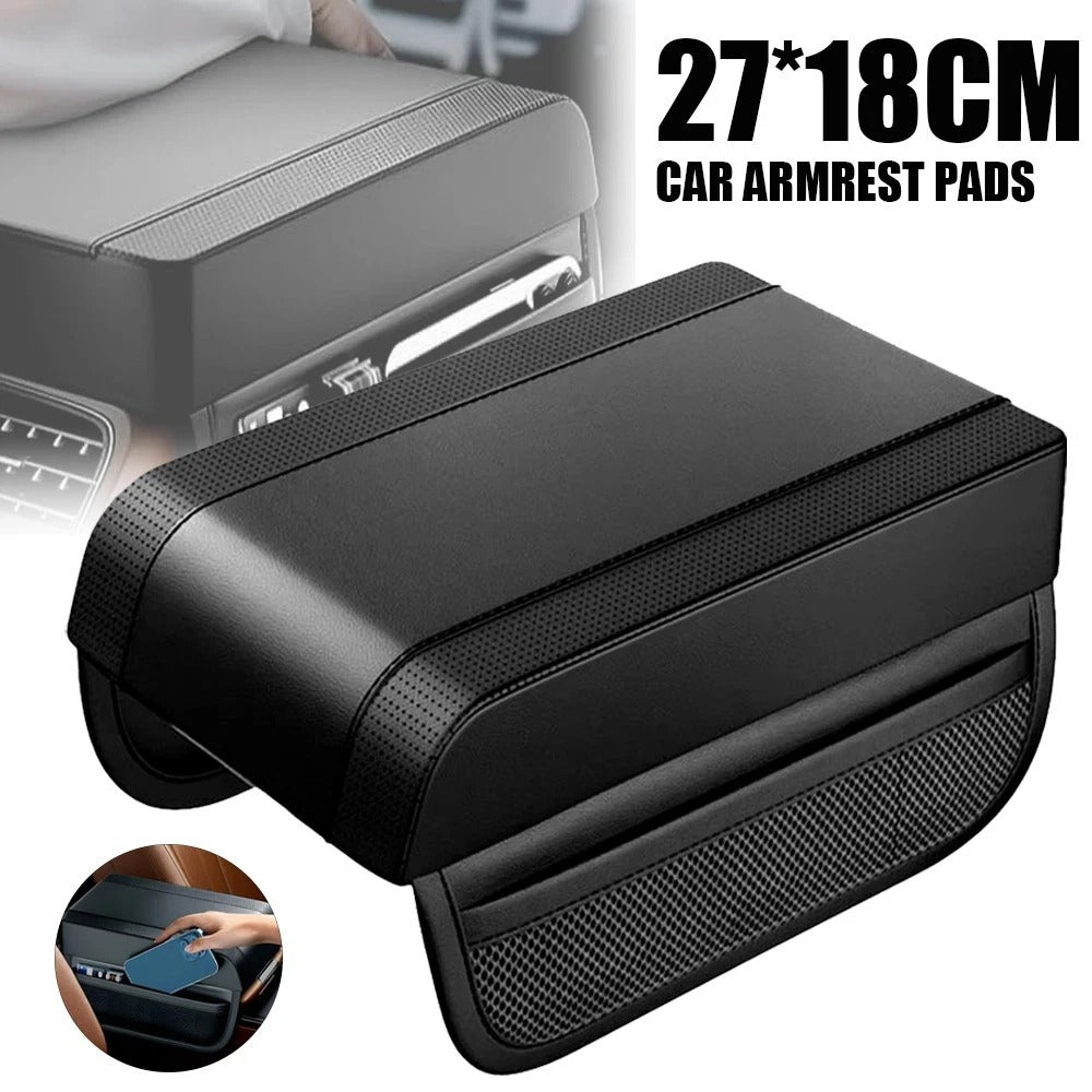 Black car armrest pad with dimensions 27*18CM on a white background