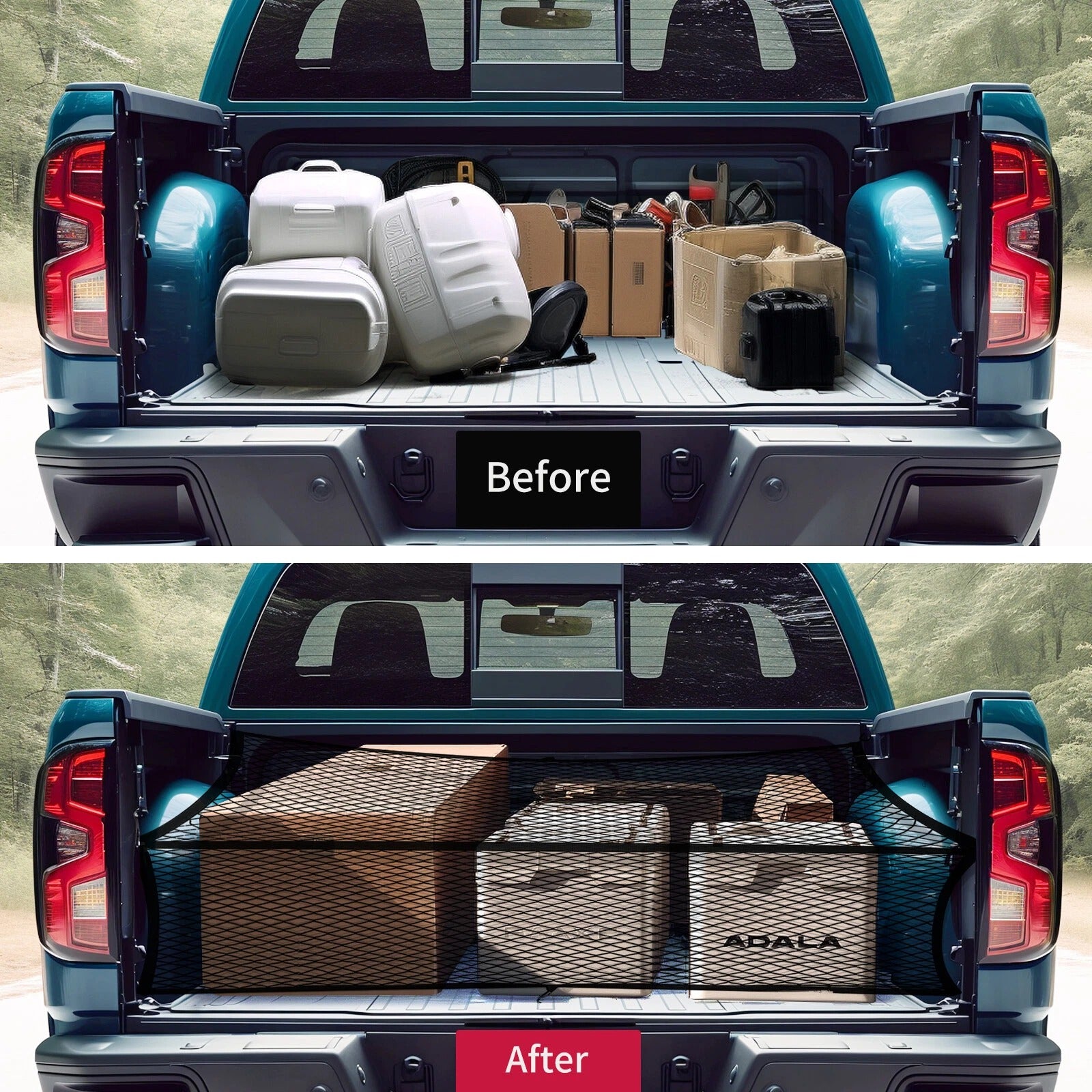 Before and after comparison of a truck bed with storage solutions.