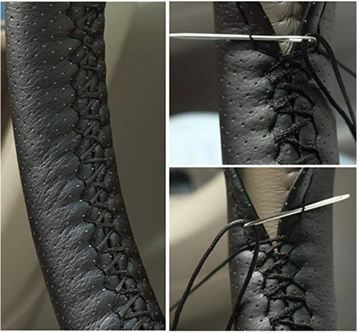 Collage of a needle being inserted into a leather surface with a textured pattern.