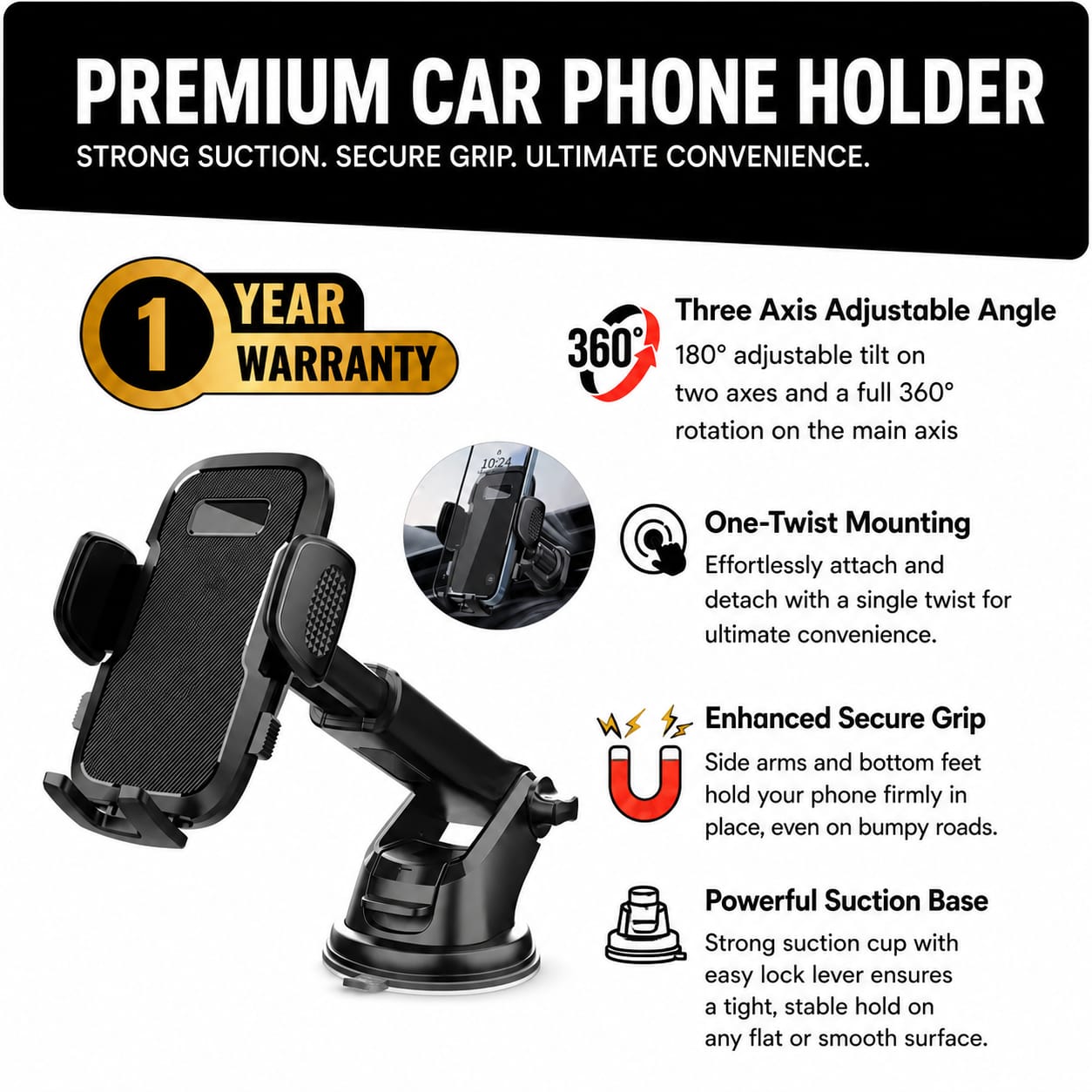 360° Strong Suction Dashboard & Windshield Mount