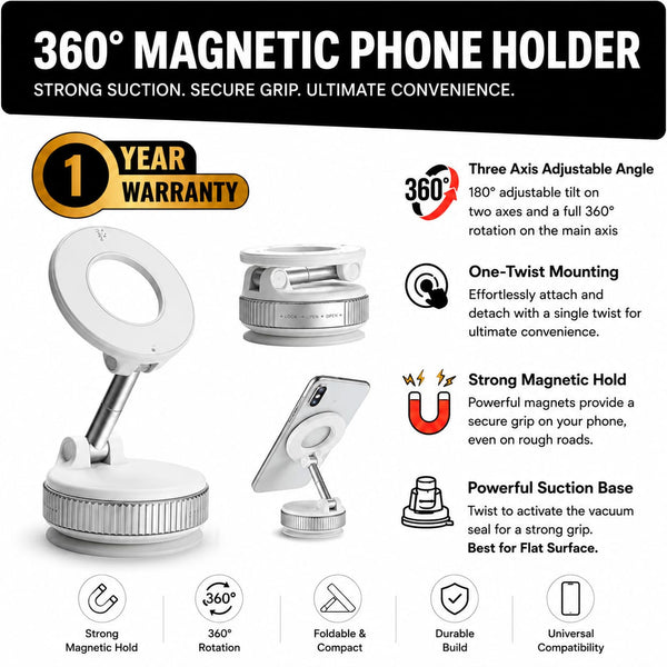 360° Magnetic Phone Holder – Foldable Suction Mount for Car & Desk